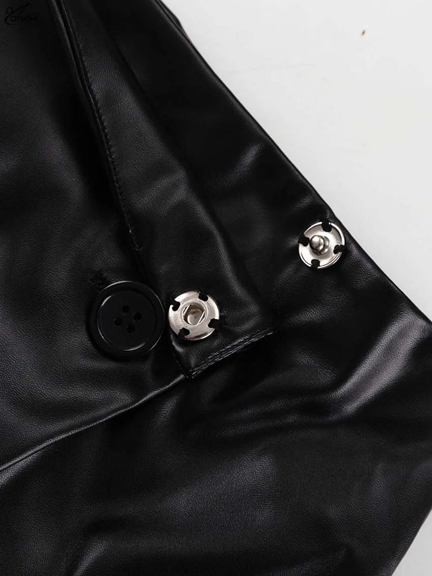 Oymimi Casual Black Pu Leather Skirts For Woman Elegant Button High Waisted Skirts Fashion Pockets Straight Skirt Streetwear