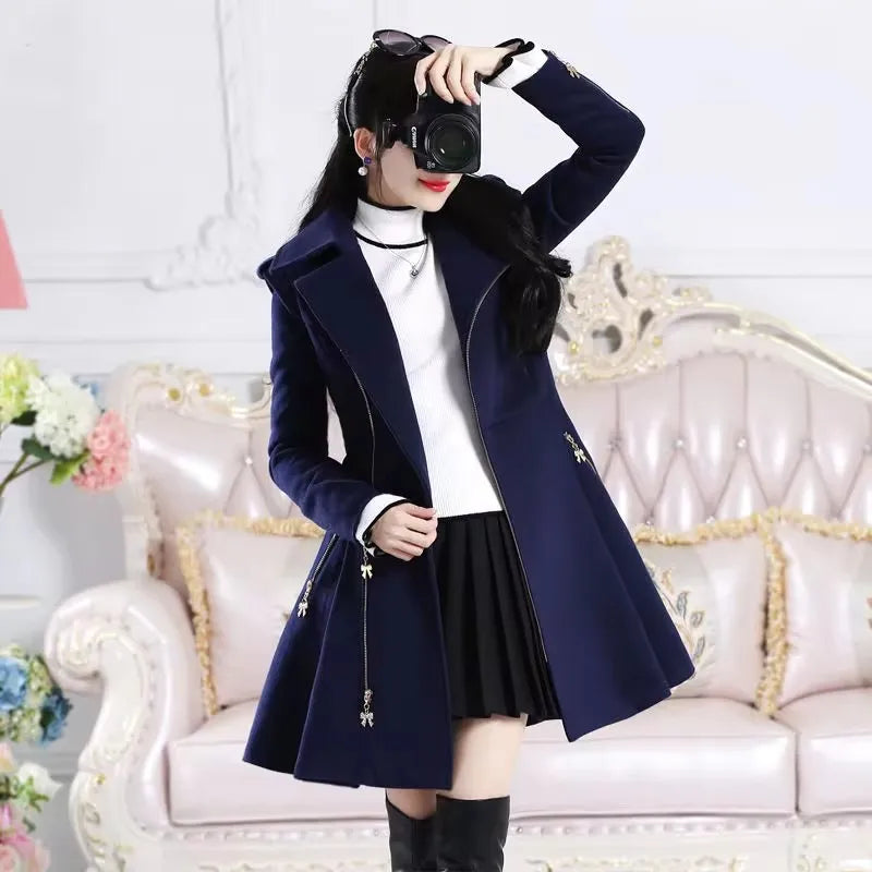 2025 Autumn Winter Clothing Deep Blue Zippered Long Sleeved Woolen Coat Jacket Women, Medium Length Slim Fit Thickened