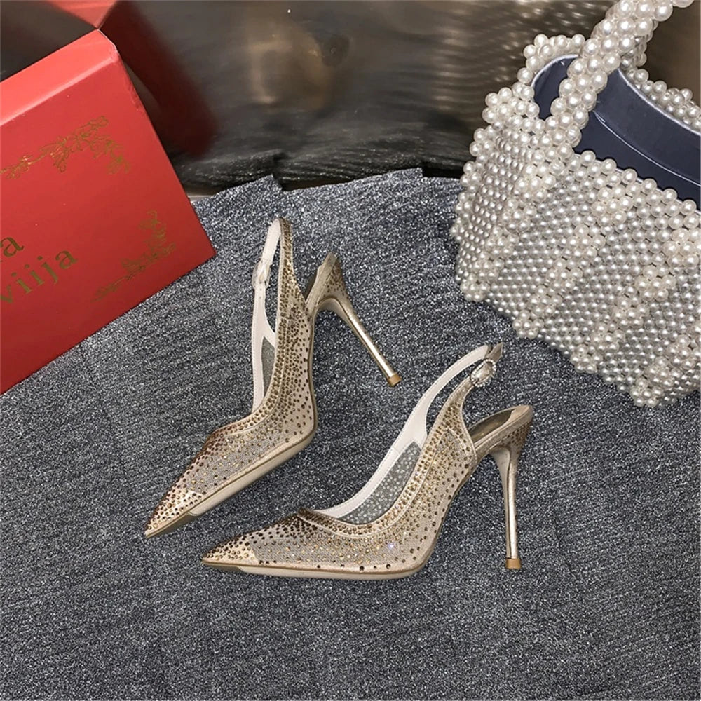 Rhinestone Mesh Pointed Toe Thin High Heels for Women