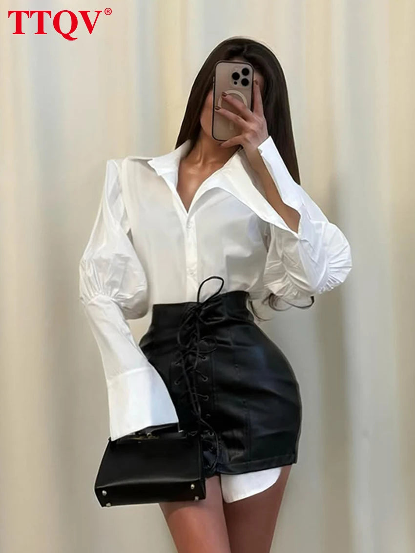 Loose White Shirt and Mini Skirt Two-Piece Set for Women