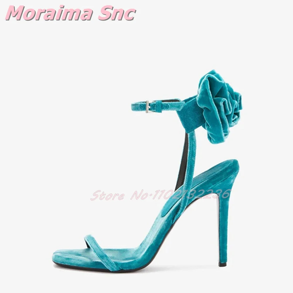 Decorative Floral Velvet Ankle Strap Sandals For Women