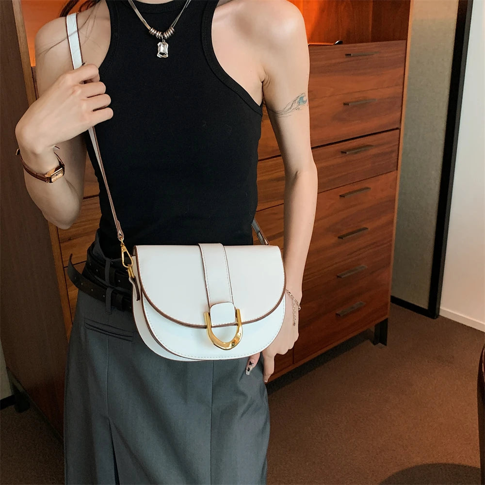 Solid Color Leather With Golden Hardware Saddle Shoulder Bag for Women