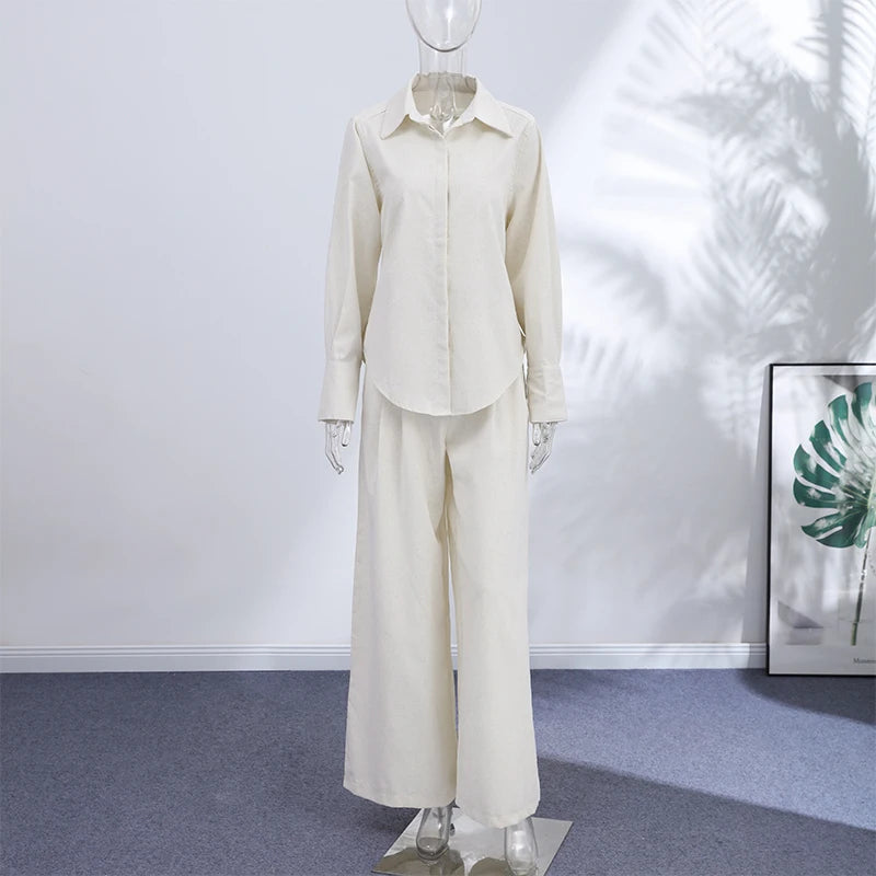Lace Up Back Lapel Shirt and Loose Pants Set for Women