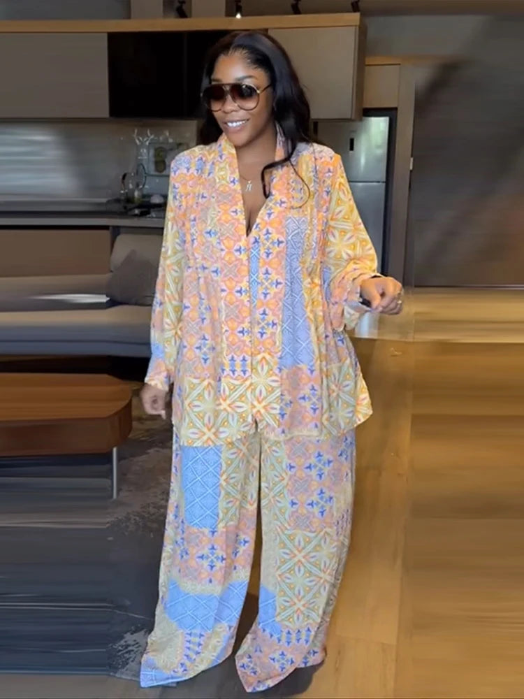 Casual Print Long Sleeve V-Neck Top Wide-Leg Trousers Two-Piece Set for Women