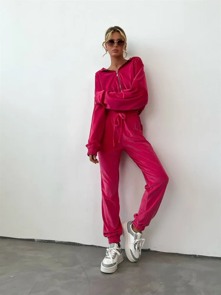 Hooded Zipper Hoodie and Trouser Tracksuit Set for Women