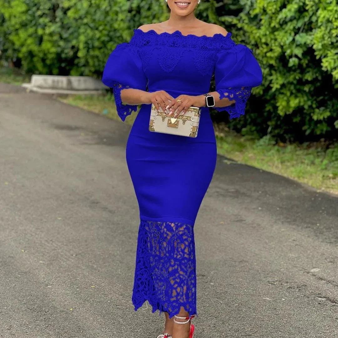 Elegant Dresses for Woman Off the Shoulder Lantern Sleeve Lace Patchwork Sheath Package Hips Ankle Length Luxury Birthday Dress