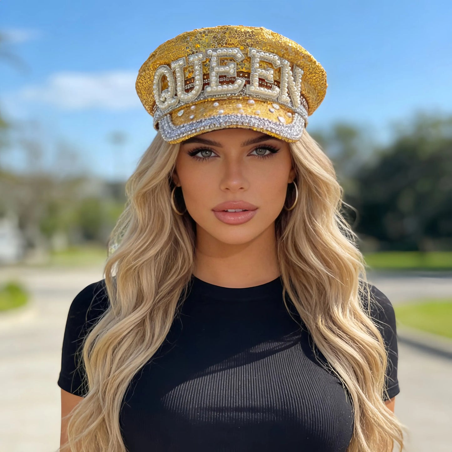 Black Luxury Steampunk Rhinestone Baseball Cap for Women