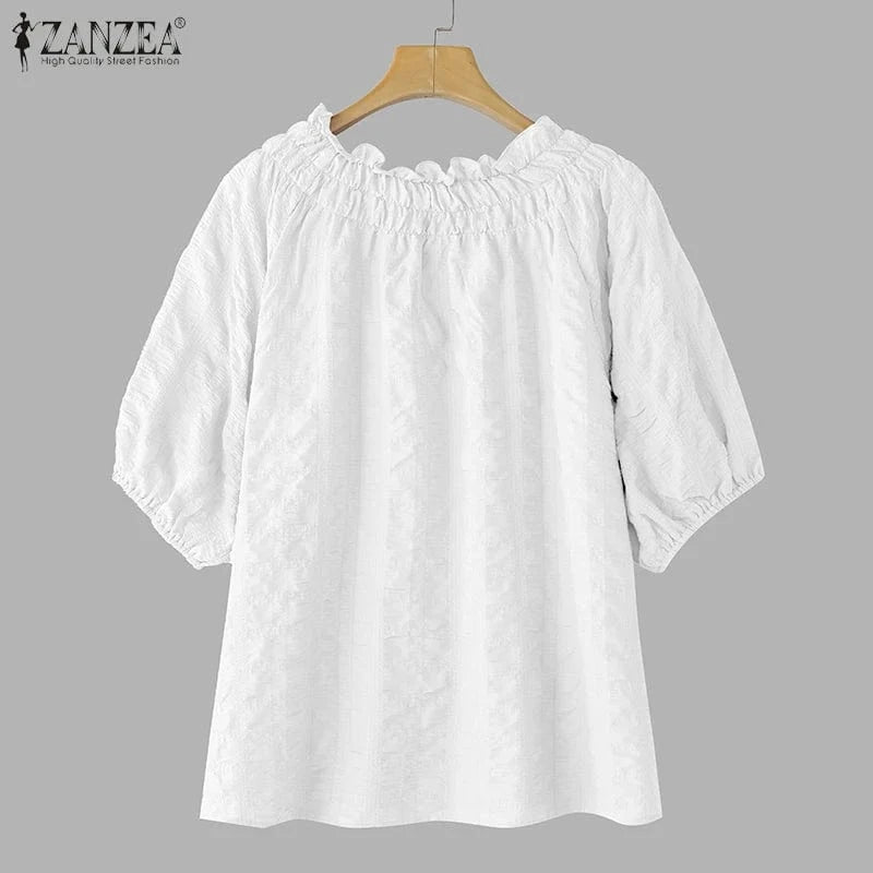 ZANZEA Women Blouse Summer Tops Solid Color Puff Sleeve2025 O Neck Tunic Female Shirts Loose Casual OL Work Blusas Oversized