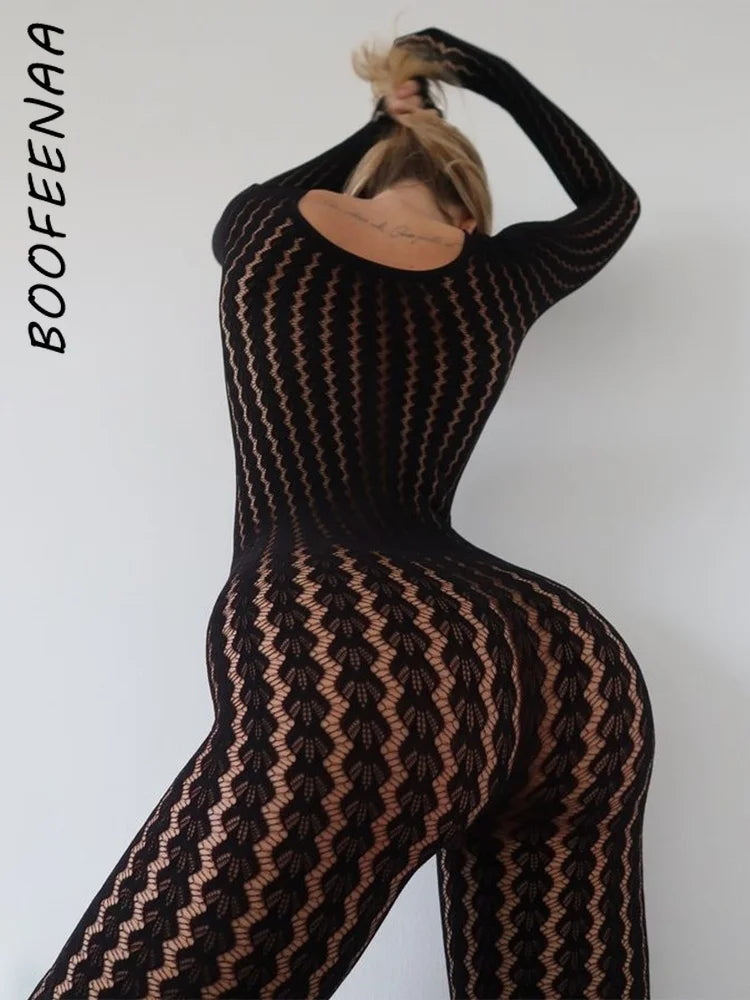 BOOFEENAA See Through Seamless Striped Jacquard One Piece Long Sleeve Jumpsuit Sexy All Black Outfits for Woman Baddie C92-DZ18