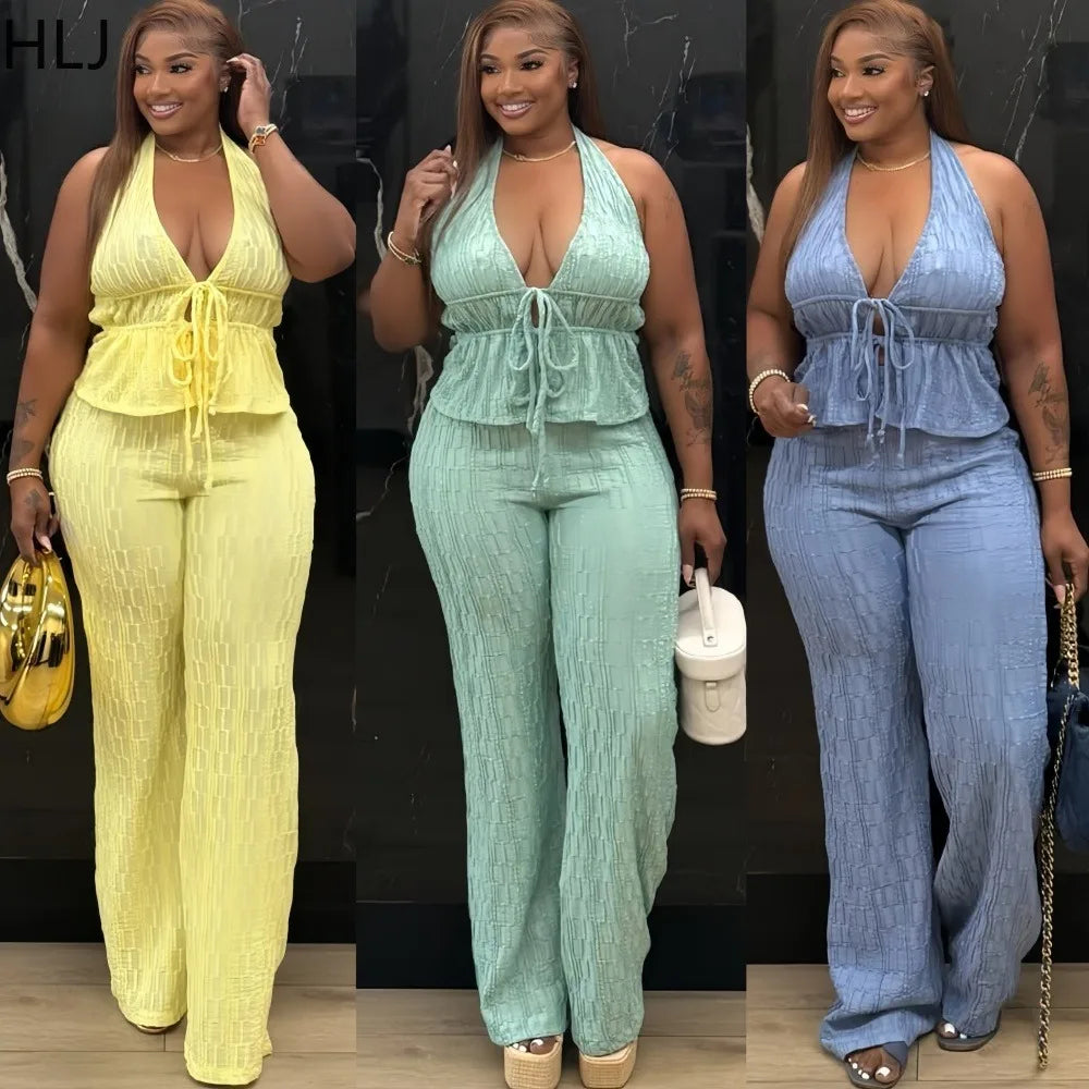 Casual Jacquard Halter Top and Wide Leg Pants Set for Women