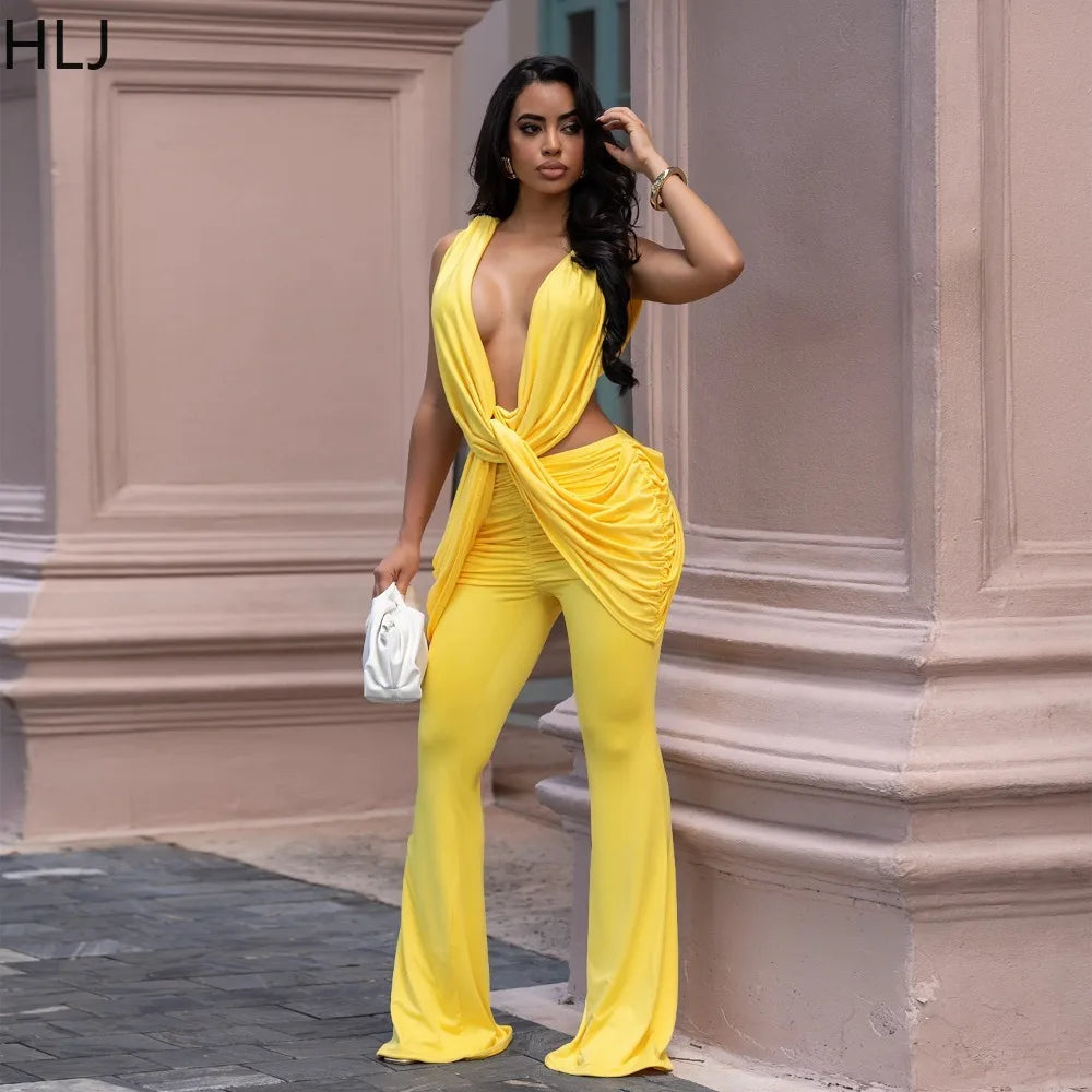 Halter Deep V Neck Ruched Flare Jumpsuit for Women