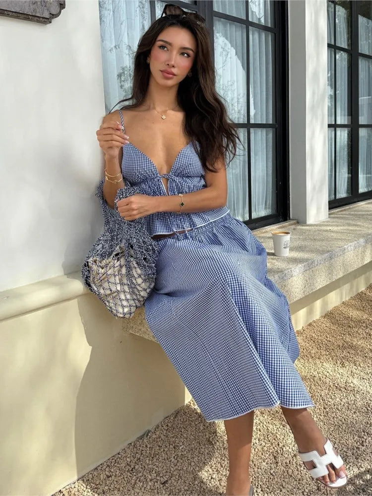 Y2K Striped Printed Lace Up Sleeveless Cropped Top Two Piece Set for Women