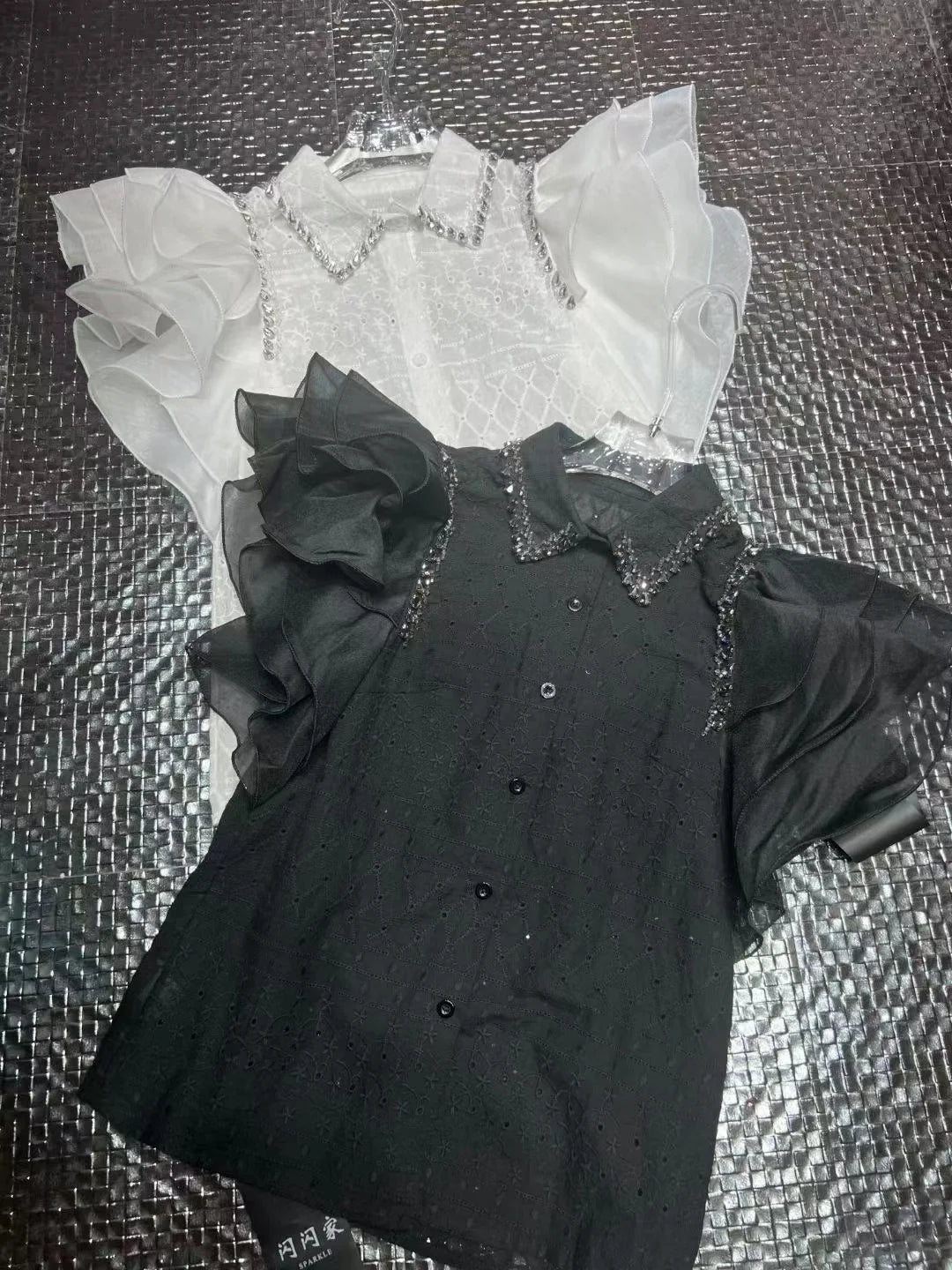 Diamond Stitch Jacquard Cotton Blouse With Ruffles for Women