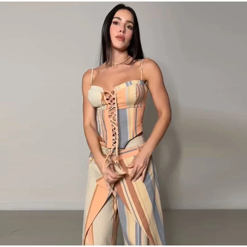 Striped Patchwork Vest and Asymmetric Trousers Set for Women