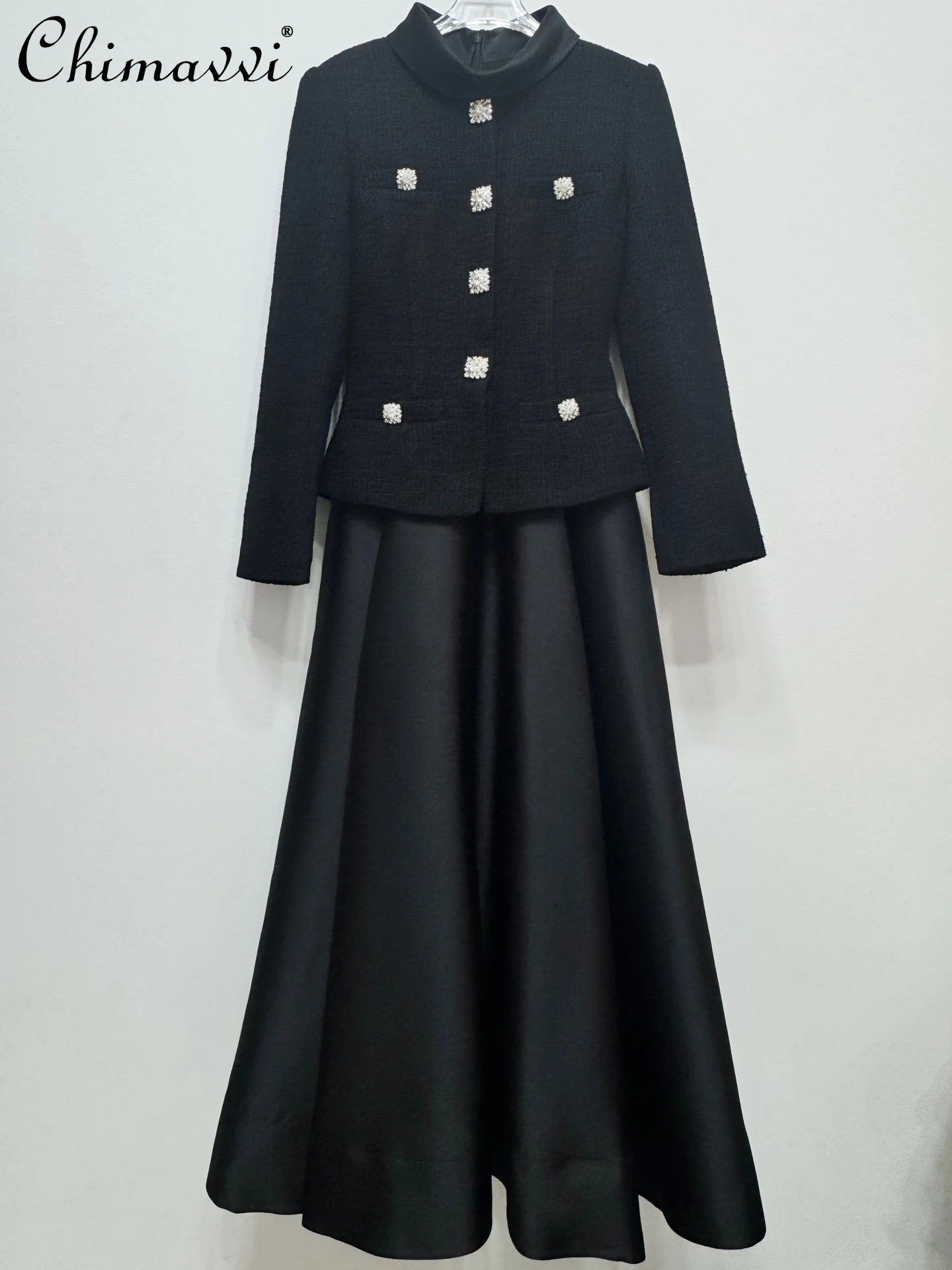 Autumn Winter High-end French Fashion Woolen Patchwork Black Long-sleeved Slim Dress High-waisted Slim Elegant Large Hem Dress
