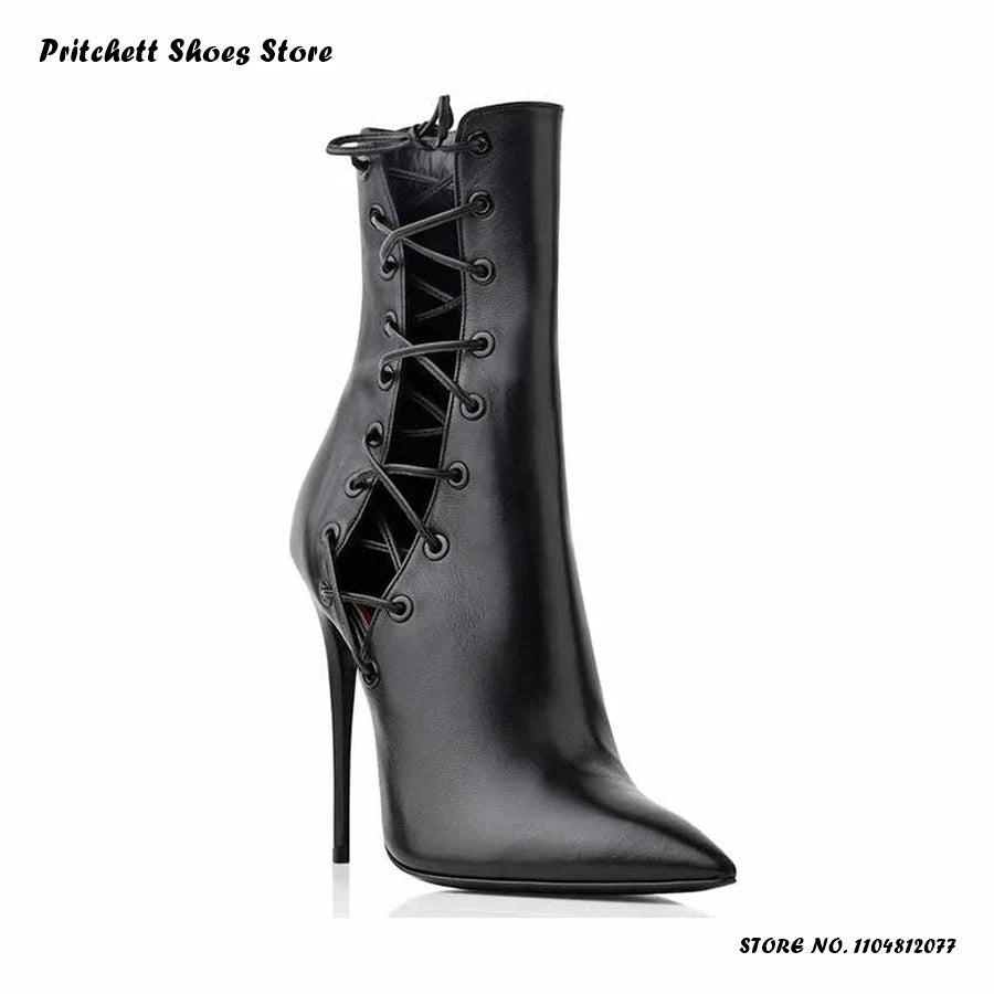 Elegant Pointed Toe Cut Out Lace Up Ankle Boots for Women