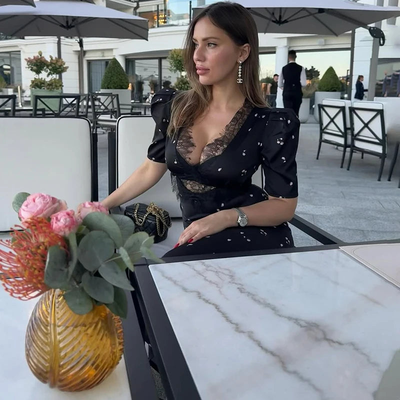 Floral Print Hollow Lace Dress