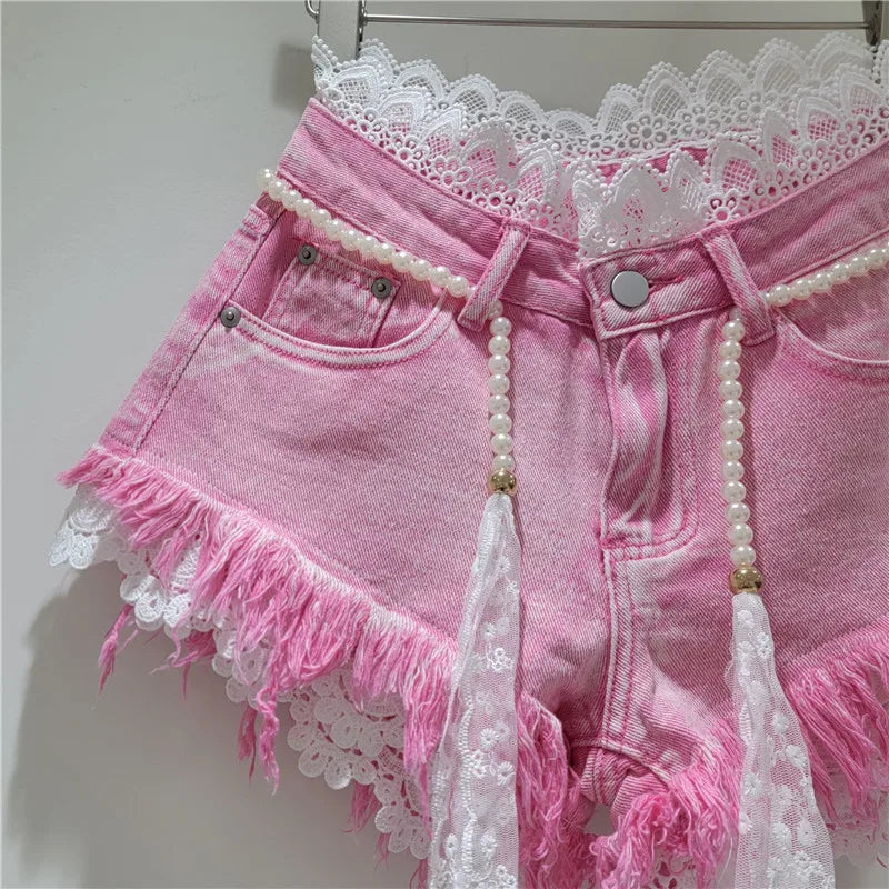 Crochet Lace Trim Raw Hem Denim Shorts With Pearl Belt For Women