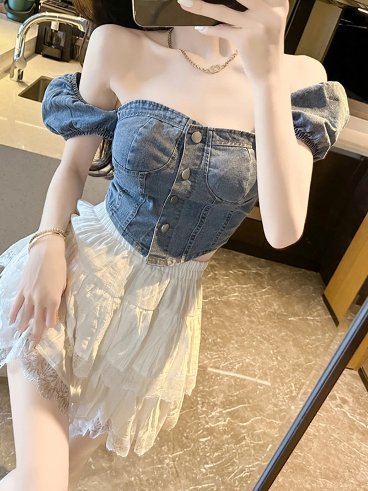 Slim Fit Off Shoulder Denim Shirt