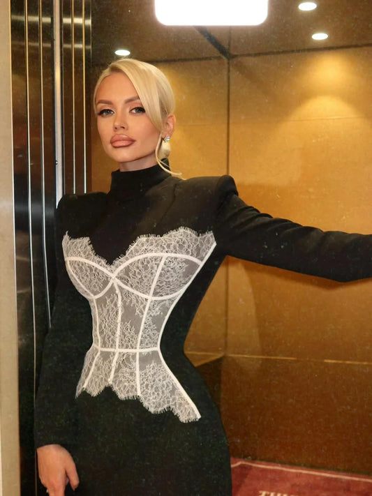 Woman Chic Splicing Pleated Short Dresses Elegent Round Neck Full Sleeve Mini Dresses 2025 Lady Summer Fashion Party Vestido