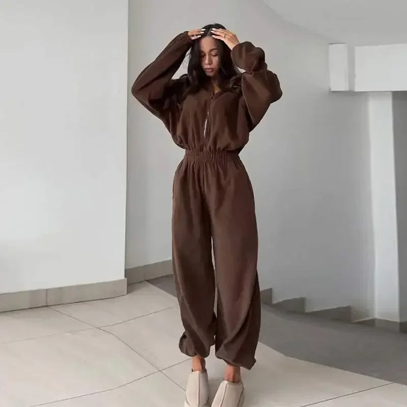 Casual Brown Stand Collar Long Sleeve Jumpsuit for Women