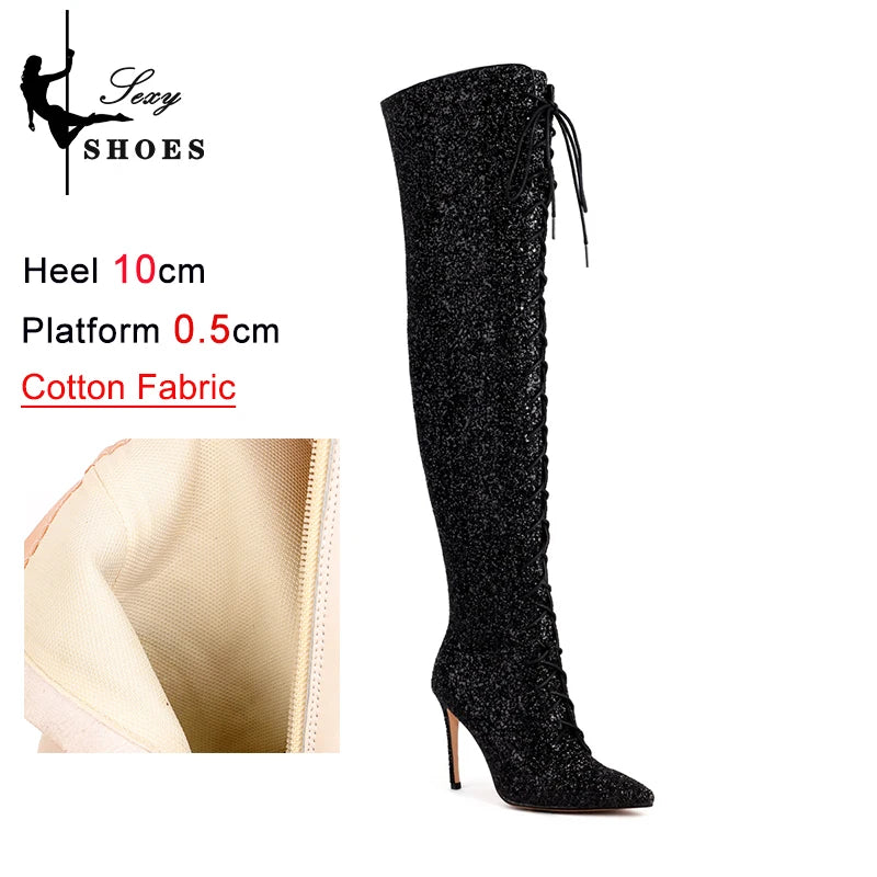 Shiny Sequined Over The Knee High Heel Boots for Women
