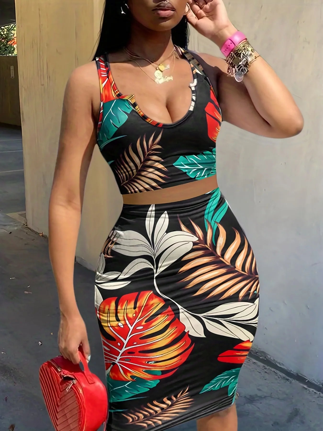 Print Slim Sleeveless Cropped Top Midi Two-Piece Set for Women