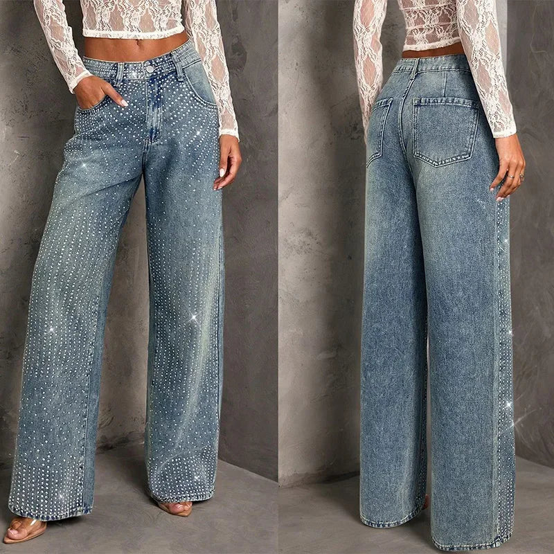 Rhinestone Decor High Waist Stretch Denim Jeans for Women