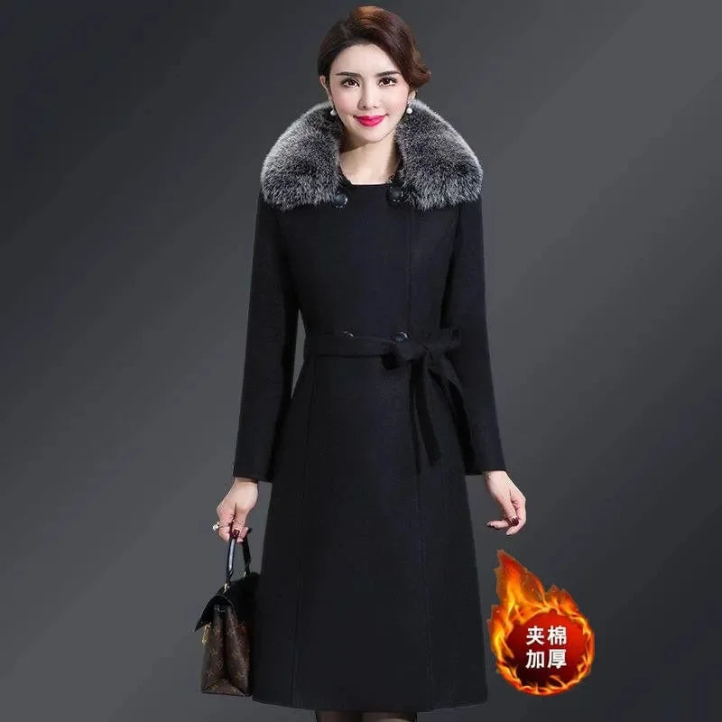 High Quality Big Fur Collar Woolen Coat Women Belt Knee-Length Double Breasted Mid-Long Woolen Jacket For Autumn Winter Outcoat