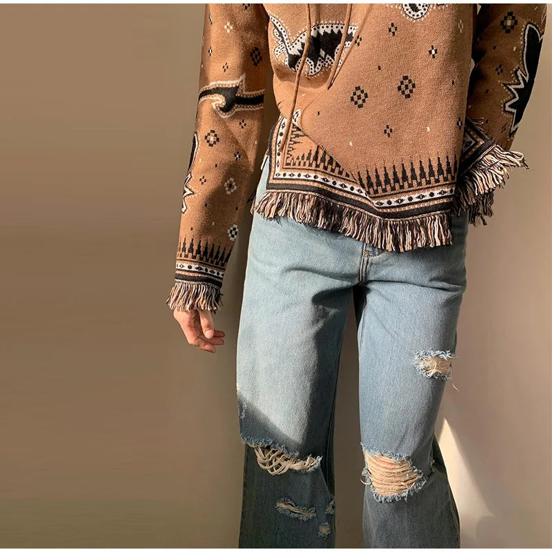 Ethnic Tassel Women 's Sweater Knitted V-neck Bandage Thicken Full Sleeve Jumper For Woman Winter Woman Coats Jacket Knitwear