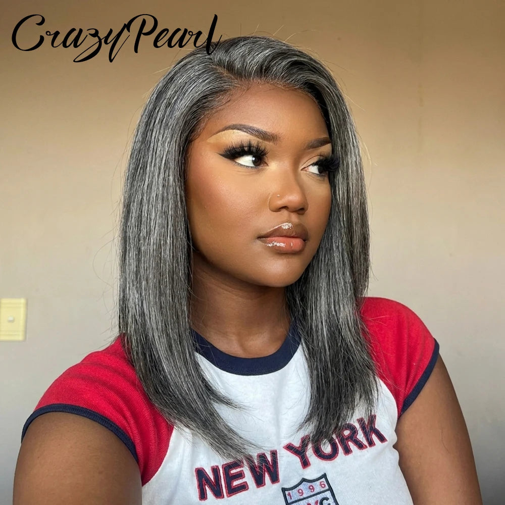 Salt And Pepper Gray Human Hair Bob Wig for Women