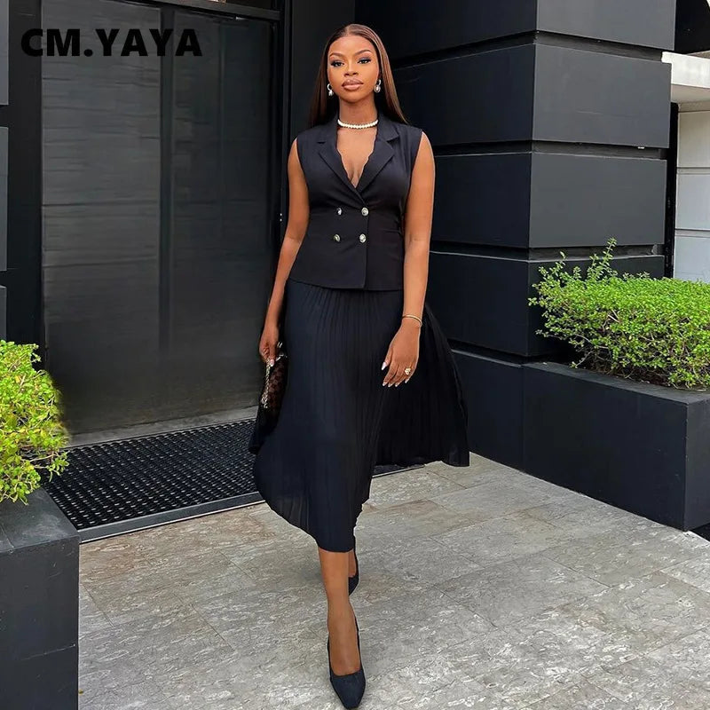 CM.YAYA Street OL Work Women's Set Sleeveless Vest Tops and Pleated Skirts Suit 2024 Summer INS Two 2 Piece Set Outfit Tracksuit