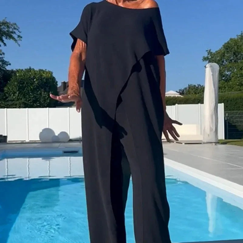 Chic Crew Neck Slit Long Top+High Waist Pant 2 Piece Set Woman Casual Solid Cotton Linen Suits Summer Short Sleeve Loose Outfits