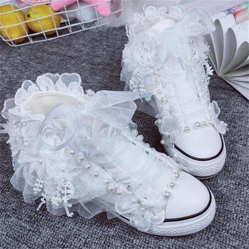 Pearl Floral Lace-Up Canvas High Top Shoes for Women
