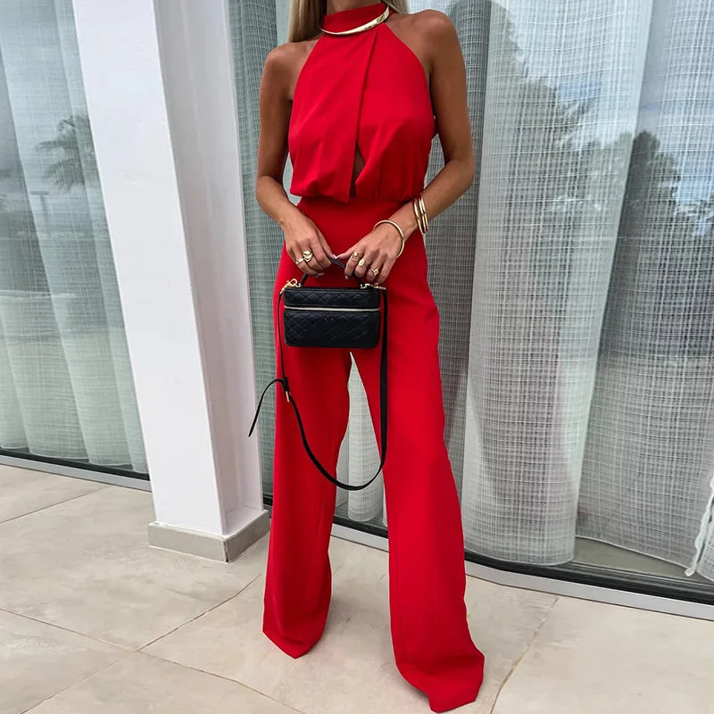 New Sleeveless Wide Leg Pants Playsuits, Women Summer Half High Collar Elegant Jumpsuits, Solid Patchwork Simple Ladies Bodysuit