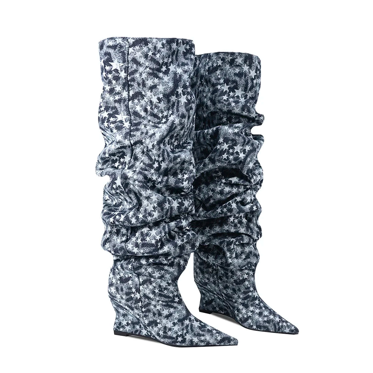 Pointed Toe Denim Over-The-Knee With Wedge Boots for Women