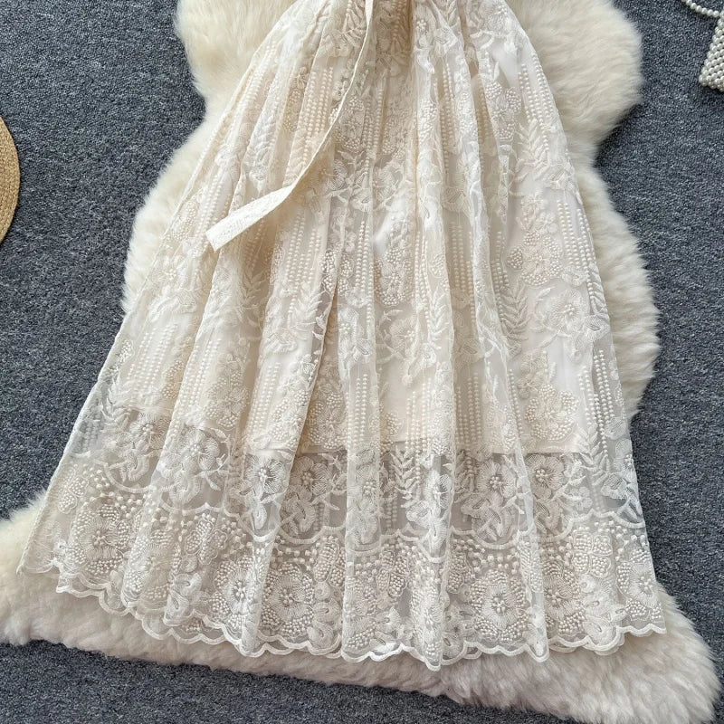 Elegant Lace Embroidery A Line Midi Dress for Women