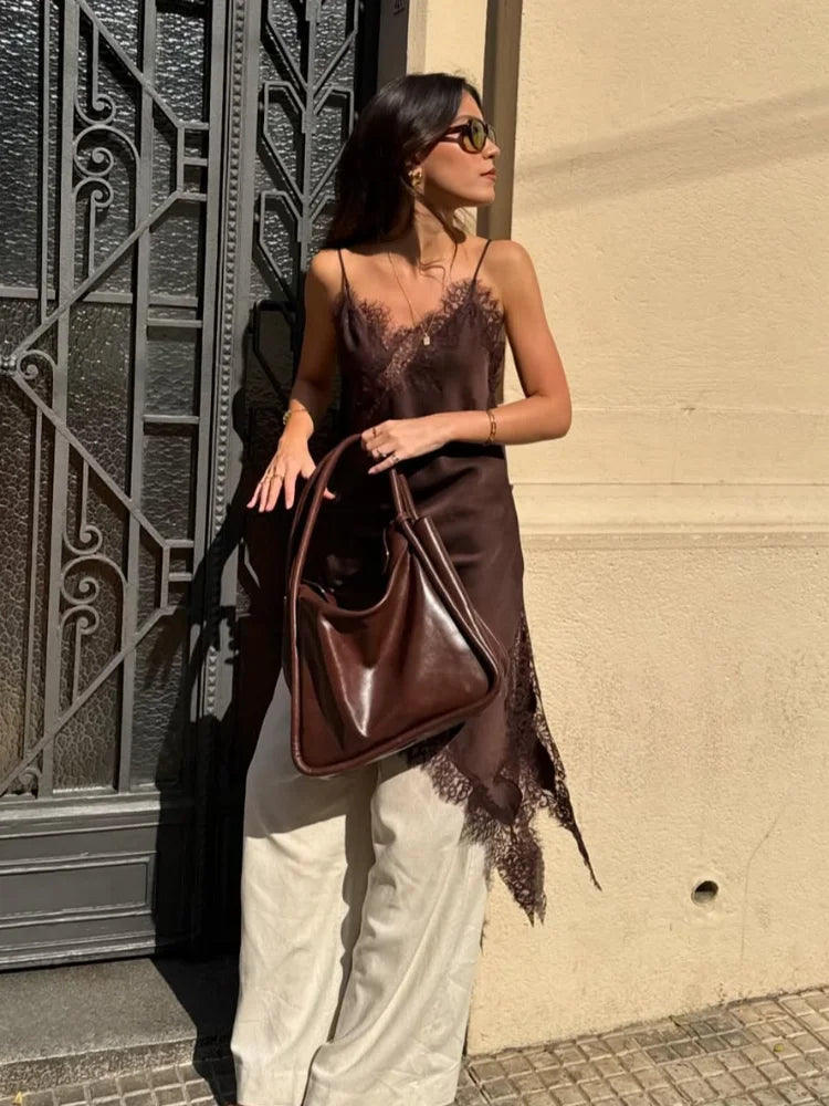 Brown Satin Lace Splicing Sling Dress Women Elegant Irregular Hem V Neck Backless Sleeveless Gown Chic Women Party Club Vestidos