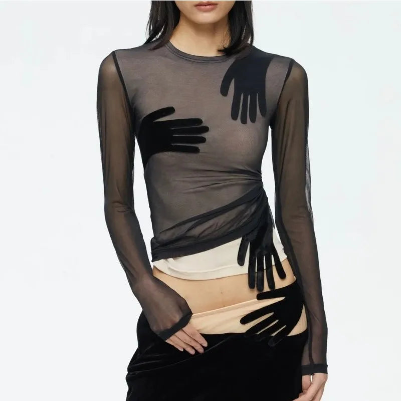 Velvet Patchwork See Through Mesh Long Sleeve Top for Women