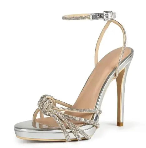 Crystal Rhinestone Knot Open Toe Sandals with Ankle Buckle for Women