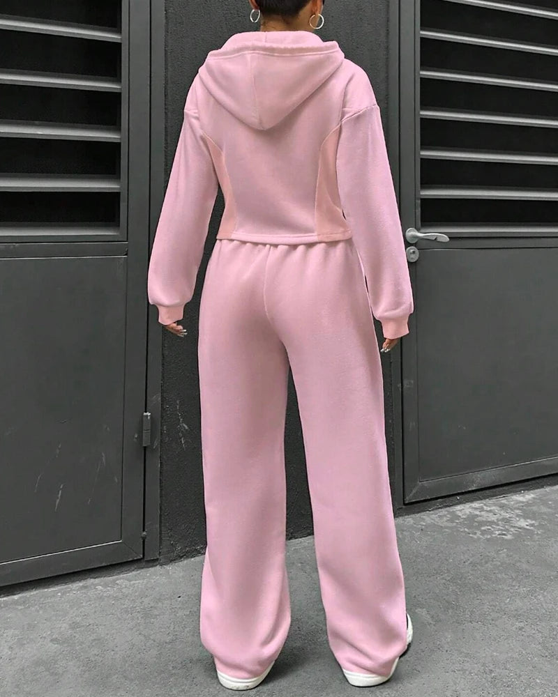 2 Pieces Pants Set Long Sleeve Zip Fly Slim Fit Hooded Top and Casual Wide Leg Pants Set