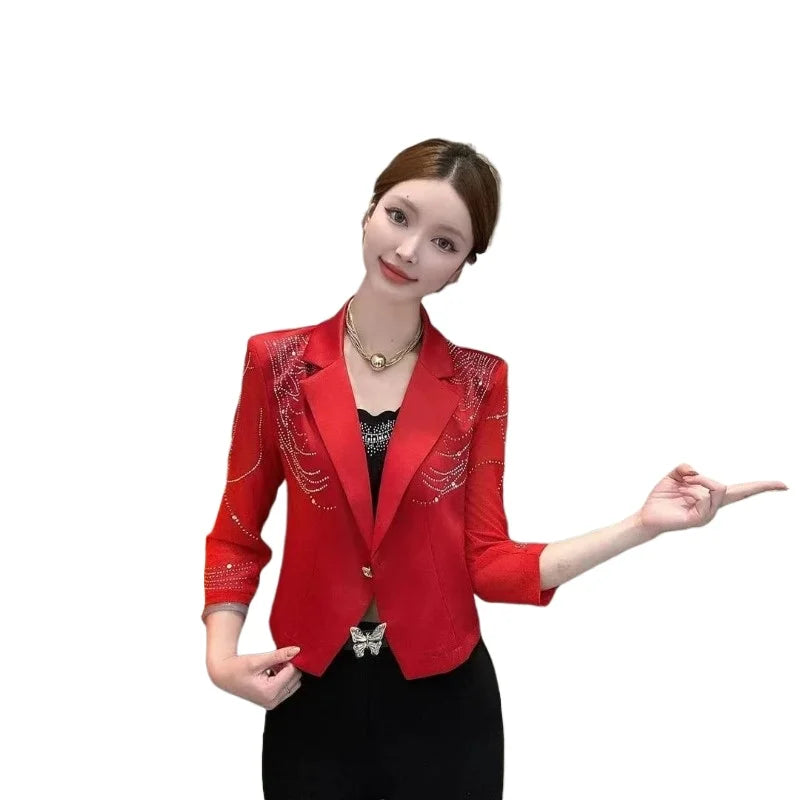Women Blazers Coat Hot Stamping Slim Fit Seven Quarter Sleeve Jacket for Women in Spring 2025, New Niche Top