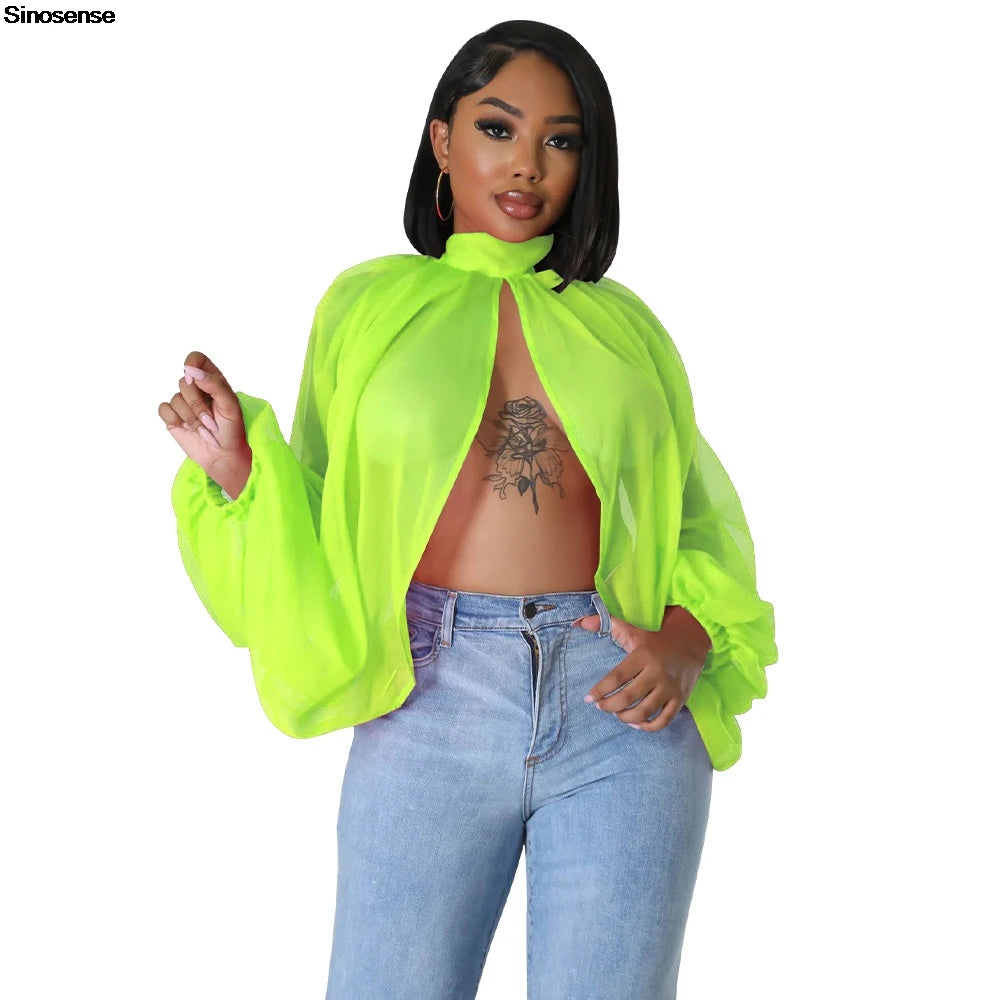 Sheer Lantern Sleeve Blouse with Tie Back for Women