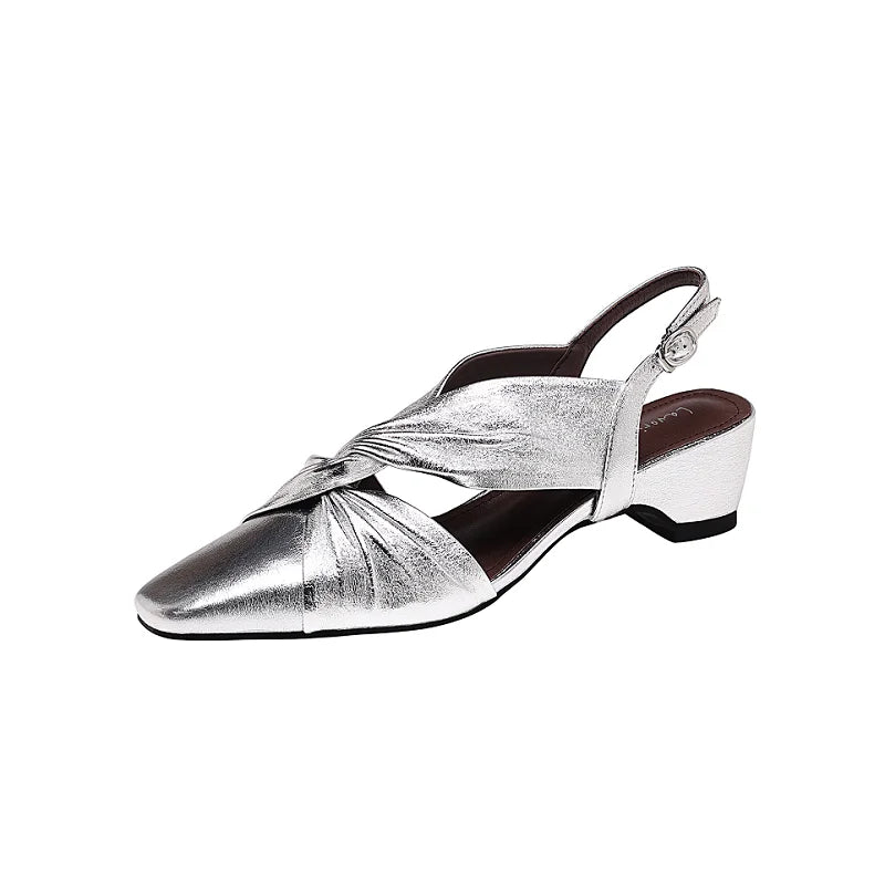Handmade Real Leather Bowtie Square Heel Slingback Sandals for Women