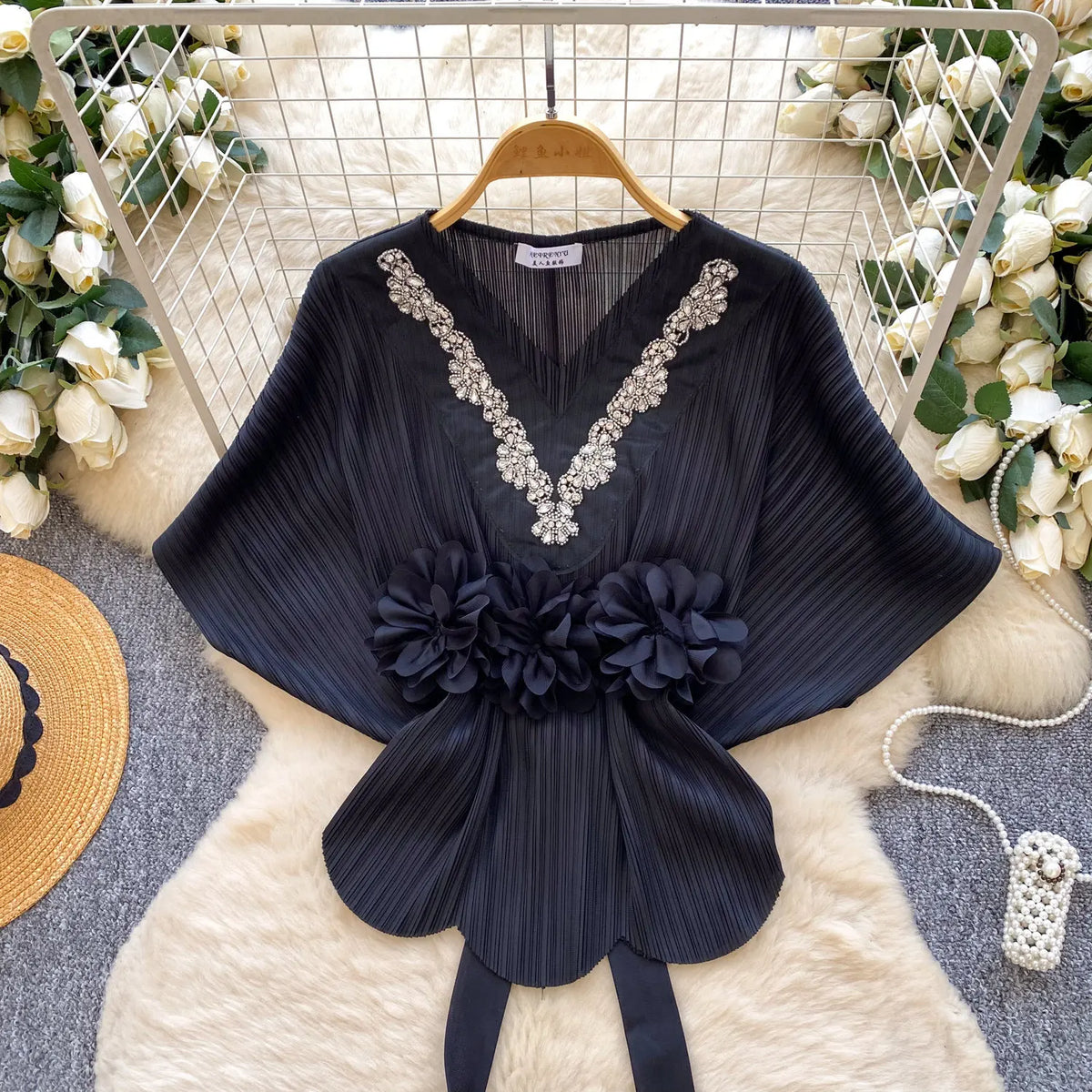 Diamond Embellished Batwing Sleeve Blouse for Women