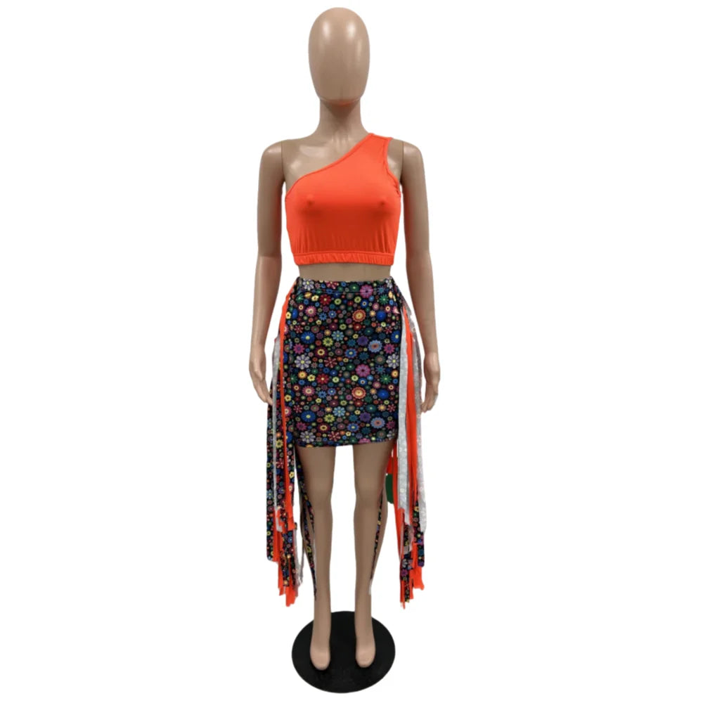 FAGADOER Summer Print Tassels Mini Skirts Two Piece Sets Women One Shoulder Sleeveless Crop Top+Skirts Outfits Fashion Clothing