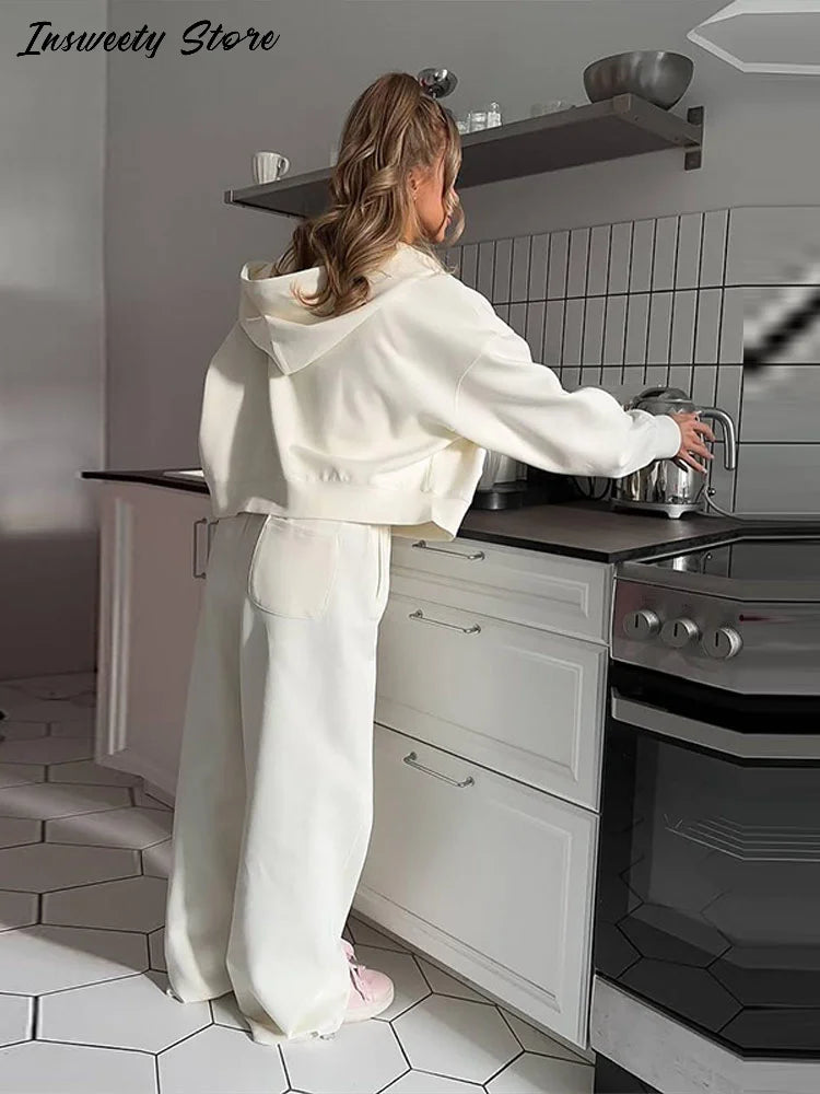 Casual Hooded Jacket and Wide Leg Pants Set for Women