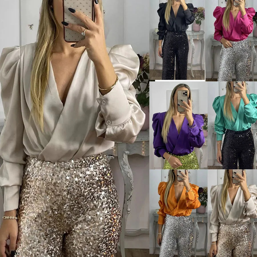 Spring Solid Color Commute Satin Shirt Pullover Fashion V-Neck Puff Long Sleeve Blouses Female Temperament Pleated Ruffled Tops