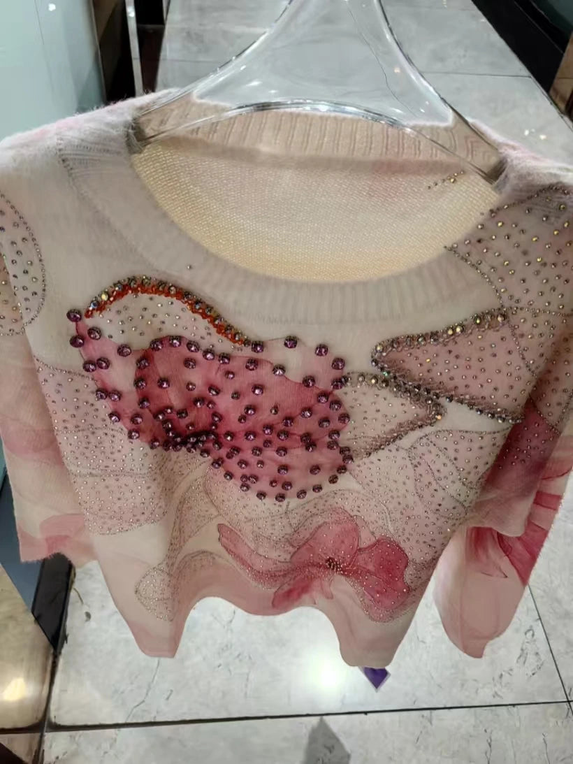 Real Photos Sparkling Stones Stitch Sweater for Women Autumn/Winter 2025 New Trend Outwears Knitwear Pullovers Female Clothing