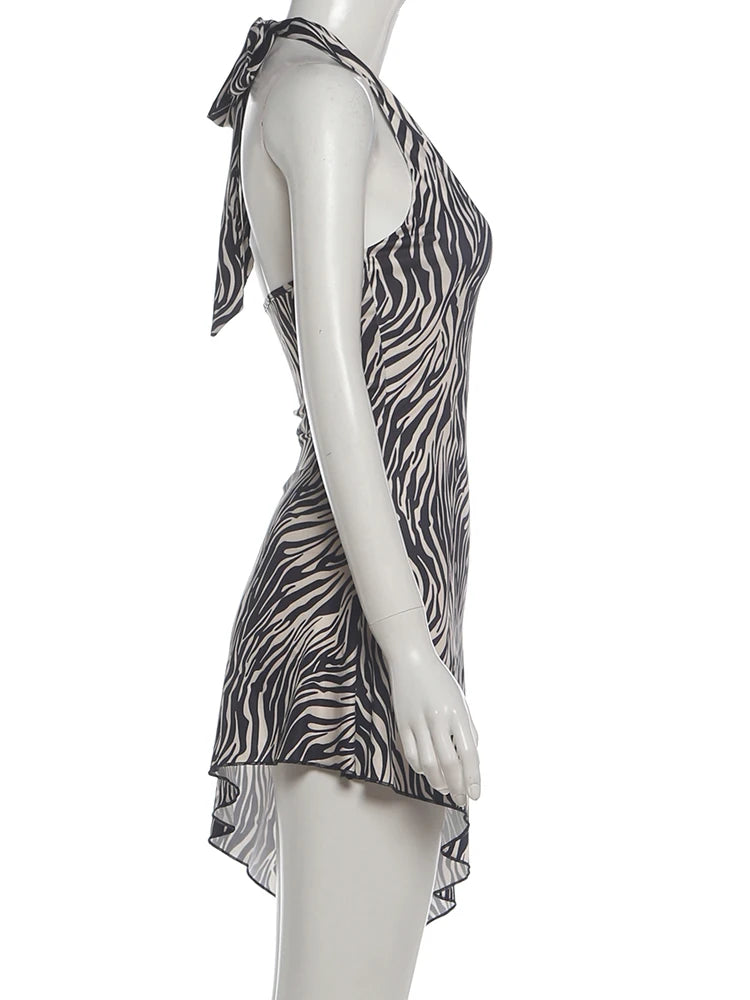 Zebra Striped Bandage Halter Backless Mini Bodycon Dress for Women